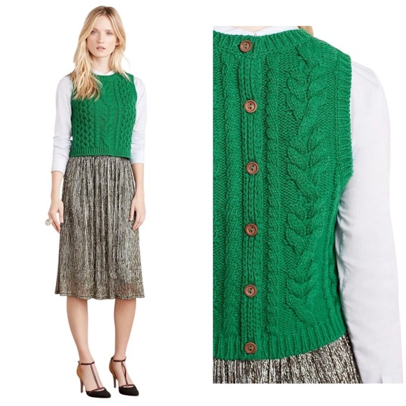 ANTHROPOLOGIE MOTH Wool Blend Green Fisherman Cable Knit Crop Sweater Vest Sz XS - Picture 2 of 7